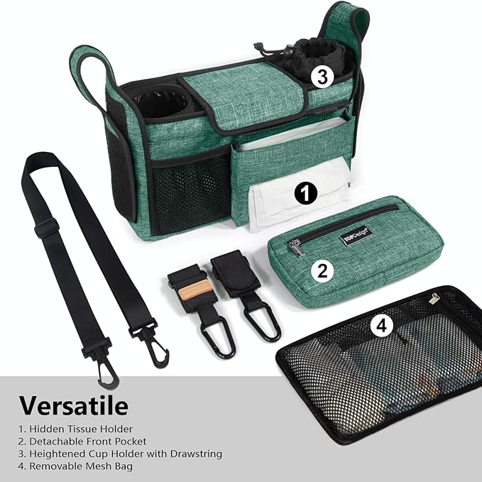 TOPDesign Universal Baby Stroller Organizer, Stroller Caddy with Detachable Mesh Bag & Heightened Insulated Cup Holders & Non-Slip Secure Hooks Accessories, Fits Most Strollers (Green)-BubblyBeeBaby