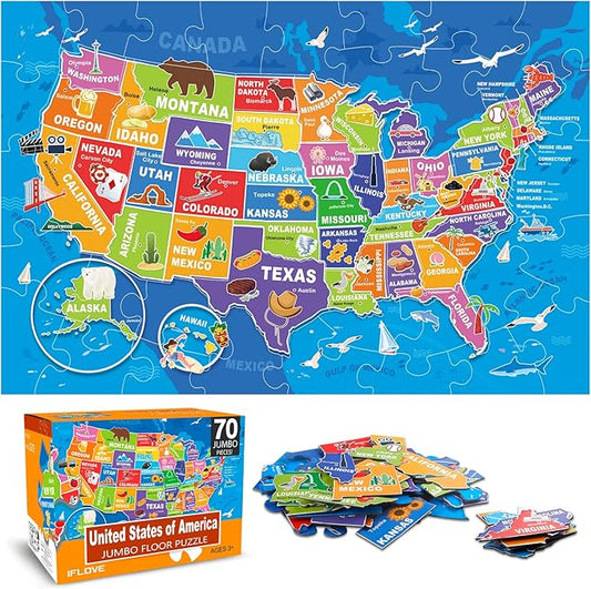 Jumbo Floor Puzzle for Kids,USA Map Puzzle Jigsaw Geography Puzzles,70 Piece US Map 50 States with Capitals,United States Puzzle for Ages 3-5,Preschool Learning Toys Gift for 4-8 Years Old-BubblyBeeBaby