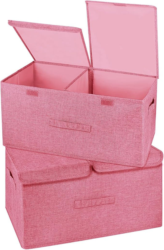 2 Pack Storage Boxes with Lids and Handles, Collapsible Linen Storage Bins Organizer Containers Baskets Cube with Removable Divider for Home Bedroom Closet Office (Pink, Large)-BubblyBeeBaby