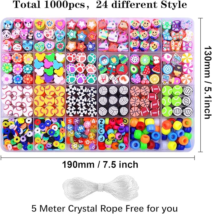 1000PCS Polymer Clay Beads Bracelet Making kit, 24 Style Cute Fun Sports Ball Beads Baseball Basketball Soccer Rugby Volleyball Football Charms, DIY Bracelet Making kit-BubblyBeeBaby