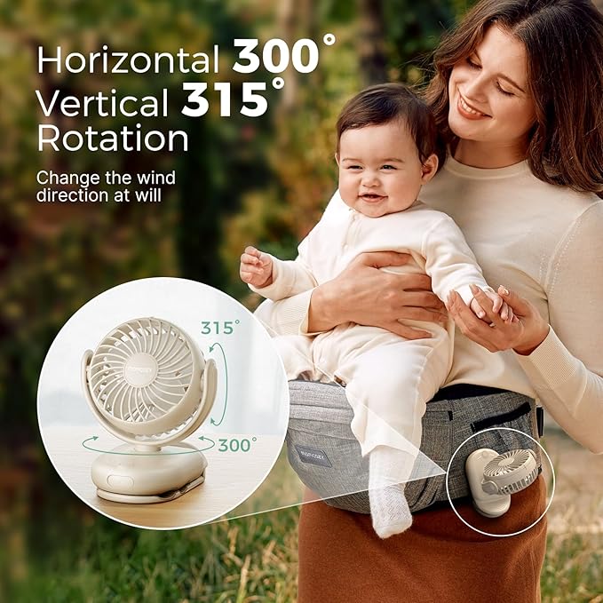 Momcozy Portable Fan with Clip | 4-Speed Mini-Fan for Carrier | Personal Fans Ultra Lighter 0.26lb | Gaps ≤4.5mm | Handheld Cooling | Rechargeable Rotate for Diaper Backpack/Stroller/Carrier/Chair-BubblyBeeBaby