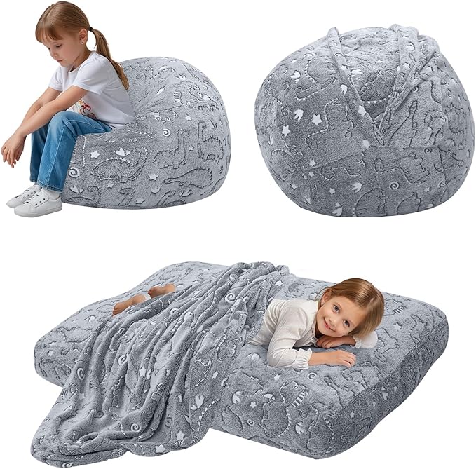 Kids Bean Bag Chair Turn into Beanbag Bed, Dinosaur Toddler Bean Chair for Girl Boy Sleeping, Lazy Children Bean Bags with Filler, Convertible Child Floor Mattress, Grey Dino-BubblyBeeBaby