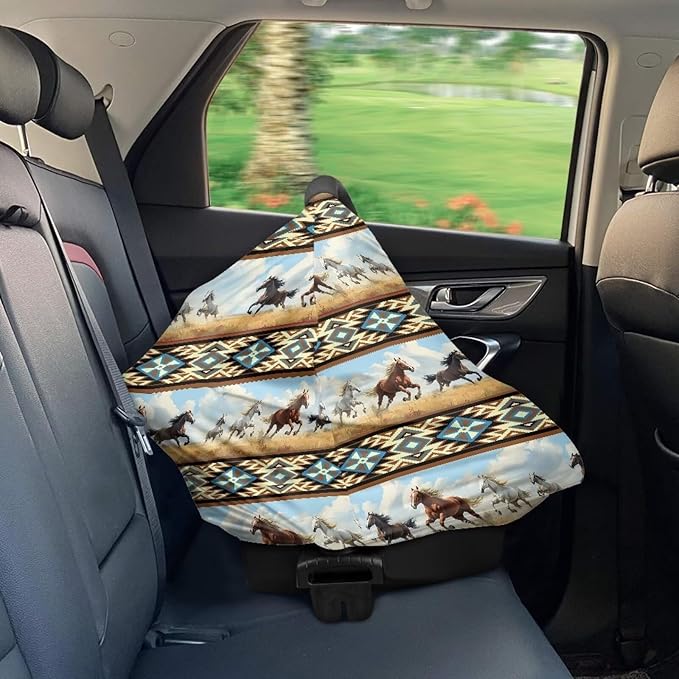 Binienty Car Seat Covers Canopy Cover for Babies, Western Aztec Horse Nursing Carseat Canopy Multifunction Breastfeeding Covers Fits Stroller, High Chair, Shopping Cart-BubblyBeeBaby