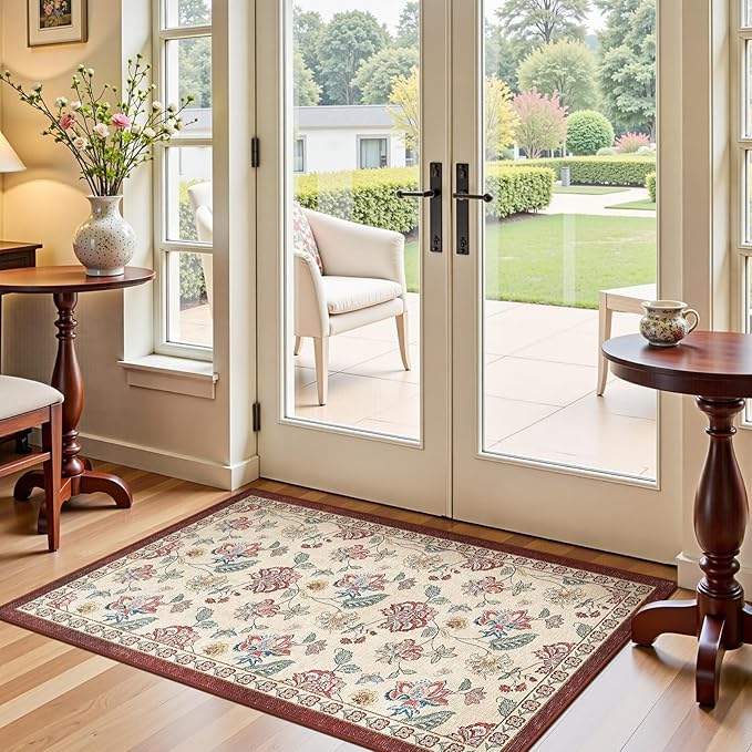 jinchan 3x5 Floral Rug for Entryway Washable Kitchen Rug Vintage Romance Design Small Mat Non Slip Indoor Doormat Lightweight Low-Profile Throw Carpet for Entrance Bathroom Laundry Room, Red/Beige-BubblyBeeBaby