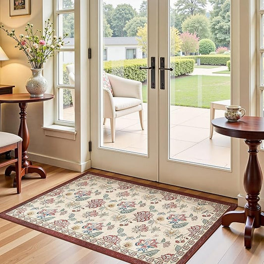 jinchan 3x5 Floral Rug for Entryway Washable Kitchen Rug Vintage Romance Design Small Mat Non Slip Indoor Doormat Lightweight Low-Profile Throw Carpet for Entrance Bathroom Laundry Room, Red/Beige-BubblyBeeBaby