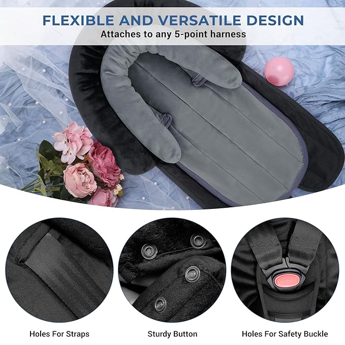 COOLBEBE New Babybody Support & Strap Covers Set for Newborn Infant Toddler- Extra Soft Stroller Cushion Pads Car Seat Insert, Perfect for Carseats, Strollers, Swings, Black-BubblyBeeBaby
