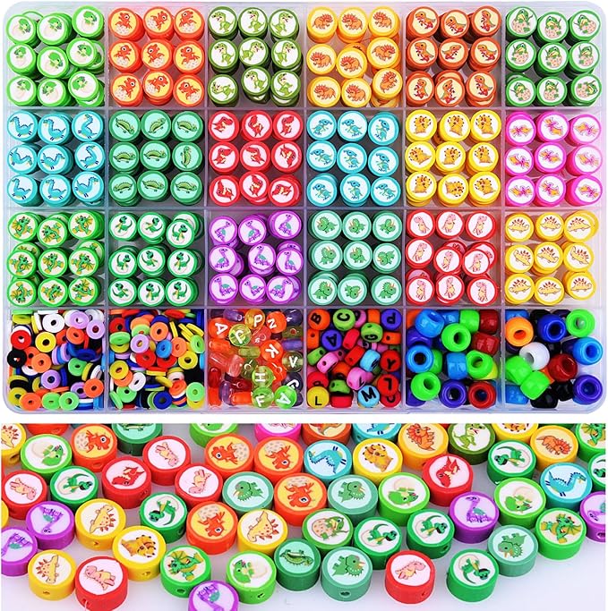 1000PCS Dinosaur Polymer Clay Beads Bracelet Making kit, 24 Style Cute Fun Beads Beads Charms for Jewelry Necklace Earring Making DIY Accessories for Women Girls-BubblyBeeBaby