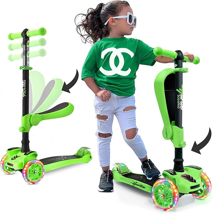 Hurtle 3-Wheeled Scooter for Kids - Wheel LED Lights, Adjustable Lean-to-Steer Handlebar, and Foldable Seat - Sit or Stand Ride with Brake for Boys and Girls Ages 1-14 Years Old-BubblyBeeBaby