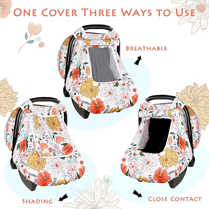 Baby Carseat Cover Girls, Pea Pod Infant Car Seat Covers Canopy for Newborn with 2 Layers Windows of Breathable Mesh/Fabric, Lightweight Polyester/Minky Dot Backing, Snug Fit Most Baby Car Seat-BubblyBeeBaby