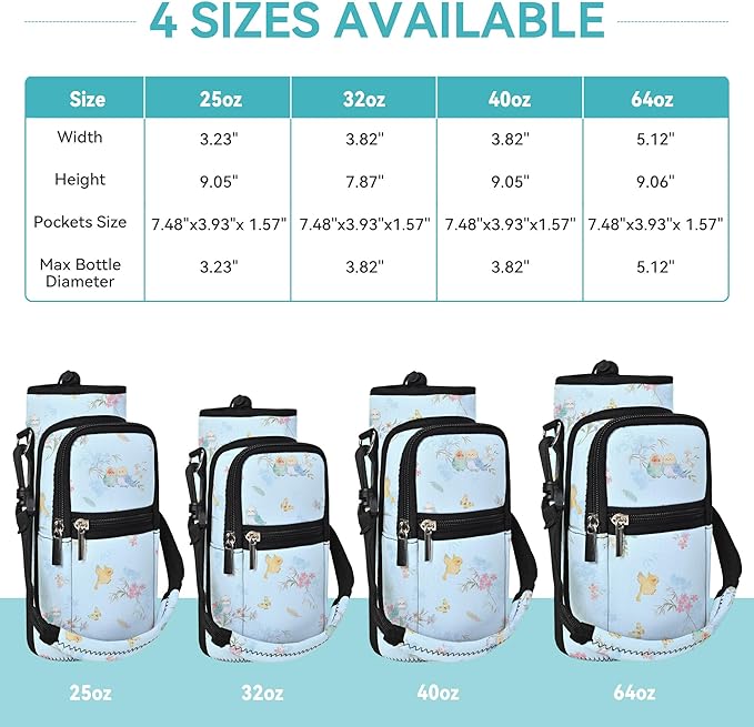 25/32/40/64oz Water Bottle Bag Holder Carrier-Insulated Crossbody Sling Case Sleeve with Strap & Pockets for Men Women Gym Cycling Travel Walking Hiking Camping-BubblyBeeBaby