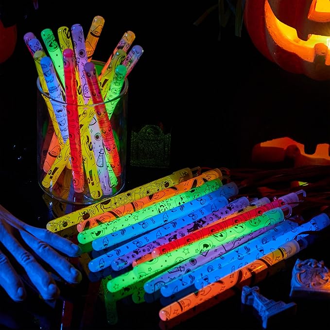 JOYIN 30 Pcs Halloween Glow Sticks Bulk Party Pack, Hanging Wands in 8 Design, 6 Color Light Up Stick for Kid Glow in The Dark Halloween Party Favor Supplies, Goodie Bag Filler, Trick or Treating Gift-BubblyBeeBaby