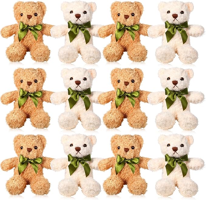 HyDren 12 Pack Bear Stuffed Animals 10 Inch Operation Christmas Bulk Items Small Bear Party Favors Plush Toys for Baby Shower Centerpiece Christmas Birthday Gifts(White, Light Brown)-BubblyBeeBaby