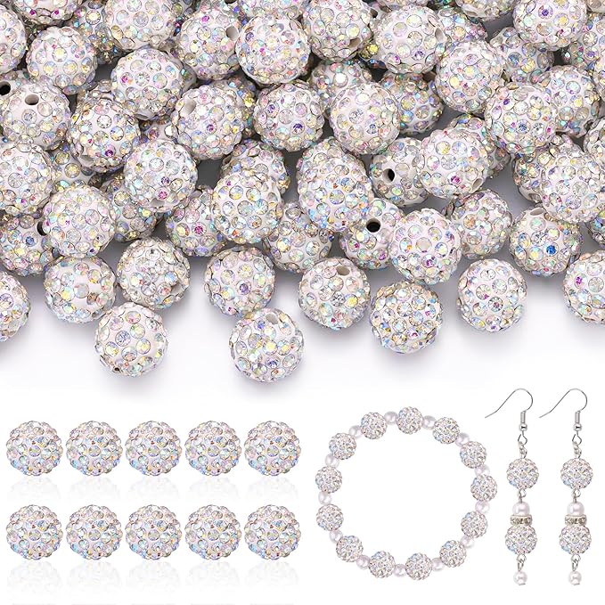 160pcs 10mm Rhinestone Beads for Jewelry Making, Crystal AB Shiny Round Disco Ball Beads Bulk, Sparkle Crystal Clay Christmas for Bracelet Baseball Necklace Earring Crafting and DIY-BubblyBeeBaby
