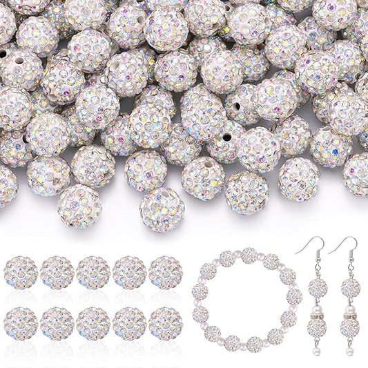 160pcs 10mm Rhinestone Beads for Jewelry Making, Crystal AB Shiny Round Disco Ball Beads Bulk, Sparkle Crystal Clay Christmas for Bracelet Baseball Necklace Earring Crafting and DIY-BubblyBeeBaby