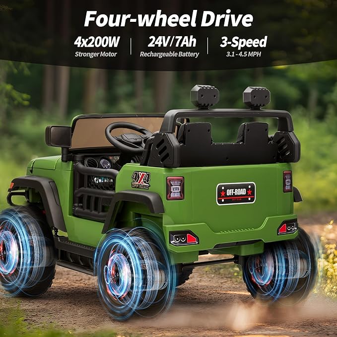 2 Seater Ride on Toy Car for Kids, 24V 4WD Ride-on Truck Kids Electric Car with Remote Control, 4x200W Motors - Army Green-BubblyBeeBaby