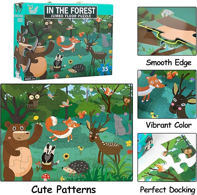Jumbo Floor Puzzle for Kids, Large Jigsaw Puzzles 35 Piece for Kids Ages 3-5,Preschool Learning & Education Toys, Gifts for 4-8 Year Old Boys and Girls (Forest Animals)-BubblyBeeBaby