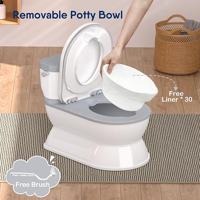 2-in-1 Toddler Potty Training Toilet - Larger Potty Chair & Detachable Training Seat for Boys & Girls Ages 1-3 with Flushing Sound, Wipes Storage, Toilet Paper Holder - Grey-BubblyBeeBaby