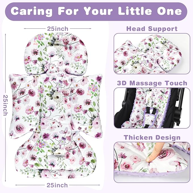 3-in-1 Infant Car Seat Insert, Soft Head and Body Support,Ultra & Strap Covers Set, Reversible Newborn Car Seat Cushion Pad for Baby Boy & Girl fits Stroller, Swing, Bouncer (Purple Flowers)-BubblyBeeBaby