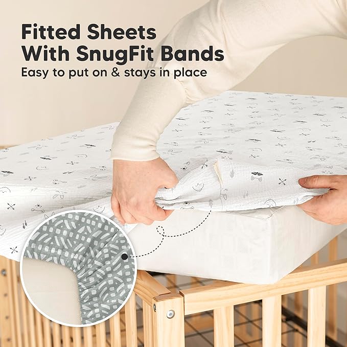 KeaBabies 2-Pack Muslin Crib Sheets for Boys, Girls - 100% Organic Cotton Fitted Baby Crib Mattress Sheet, Soft Breathable Standard Toddler Bed Cover Bedding Set, Neutral, Durable 52x28 (Nordic)-BubblyBeeBaby