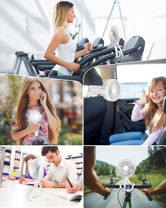 Stroller Fan Clip on for Baby, 4000mAh Rechargeable Battery Operated, Flexible Tripod, 3 Wind Speed, 360° Rotatable, Small Portable Fan for Car Seat Crib Golf Cart Bike Beach Travel, White-BubblyBeeBaby
