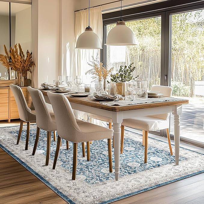 jinchan Floral 8x10 Area Rugs for Living Room Machine Washable Vintage Distressed Boho Design Throw Rug Stain Resistant Carpet Low-Pile Thin Non-Slip for Bedroom Dining Room Nursery (8‘x10',Dark Blue)-BubblyBeeBaby