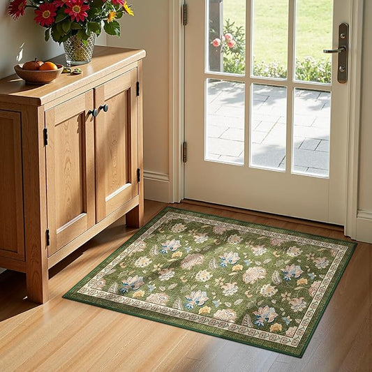jinchan 2x3 Floral Rug for Entryway Washable Kitchen Rug Vintage Romance Design Small Mat Non Slip Indoor Doormat Lightweight Low-Profile Throw Carpet for Entrance Bathroom Laundry Room, Green-BubblyBeeBaby