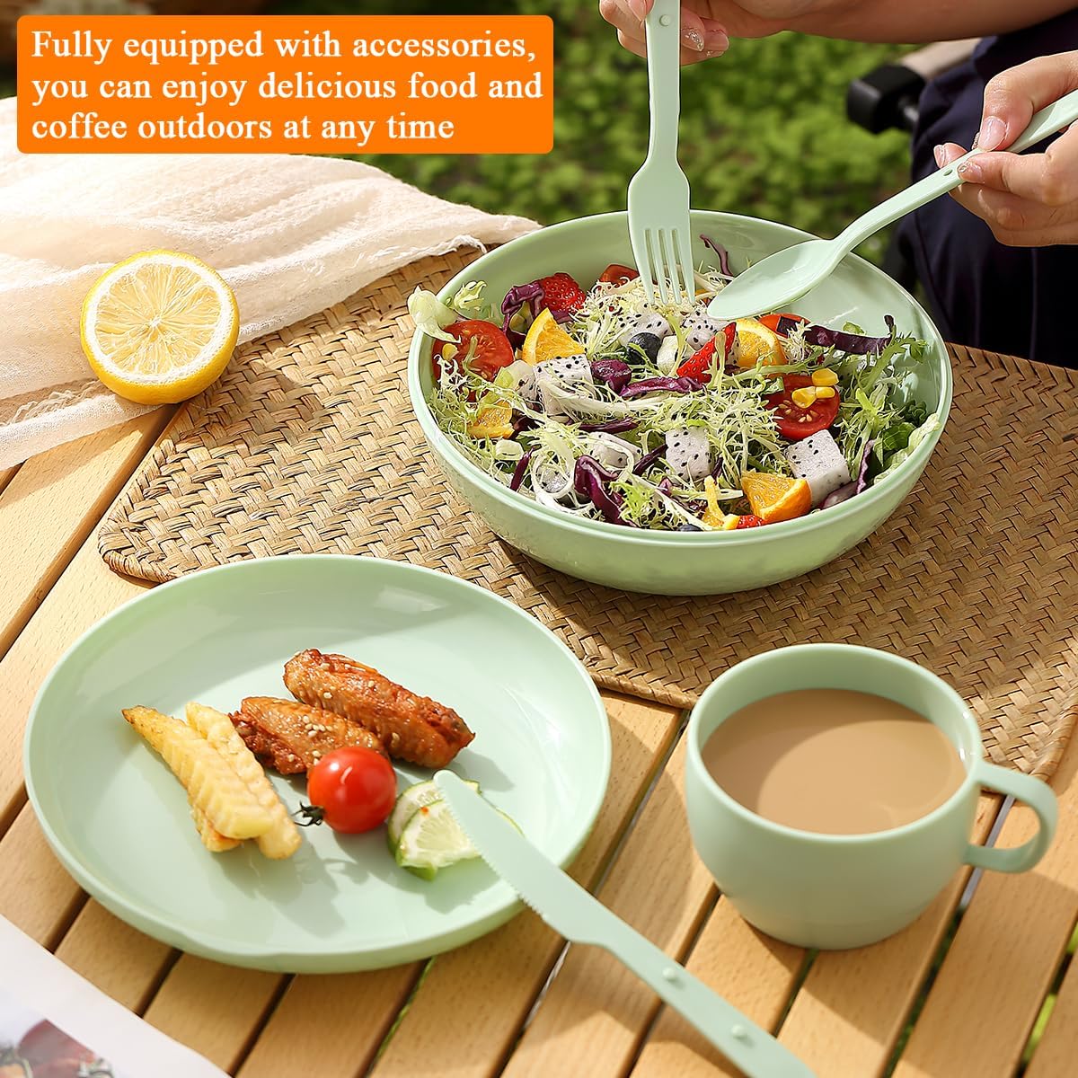 HOMQUEN 6-Piece Camping Mess Kit with Bowl, Plate, Cup, Spoon, Fork, Knife and Carry Bag, Plastic Camping Accessories Essentials Gear for Travel, Camping, Picnic, Outdoor, Easy to Carry & Store