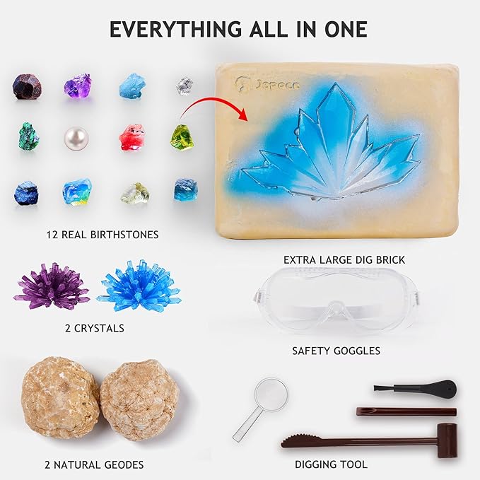 Japace Earth Science Kits for Kids Age 4-6-8-12-14, Birthstone Gemstone Dig Kit, Geology Kit with Break Your Own Geodes, Crystal Growing Experiment, Rock Mining Kit Birthday Gifts Toys for Boys Girls-BubblyBeeBaby