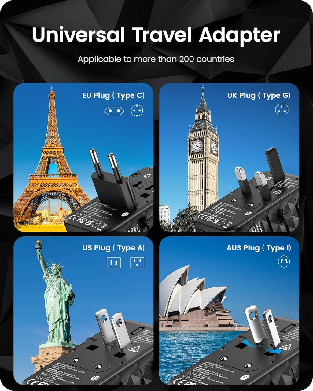 LENCENT 65W Universal Travel Adapter, GaN International Fast Charger 2 USB-A & 2 USB-C Power Plug Converter, Power Outlet Adapter for Phones,Laptops, All in One Travel Essentials for EU/USA/UK/AU