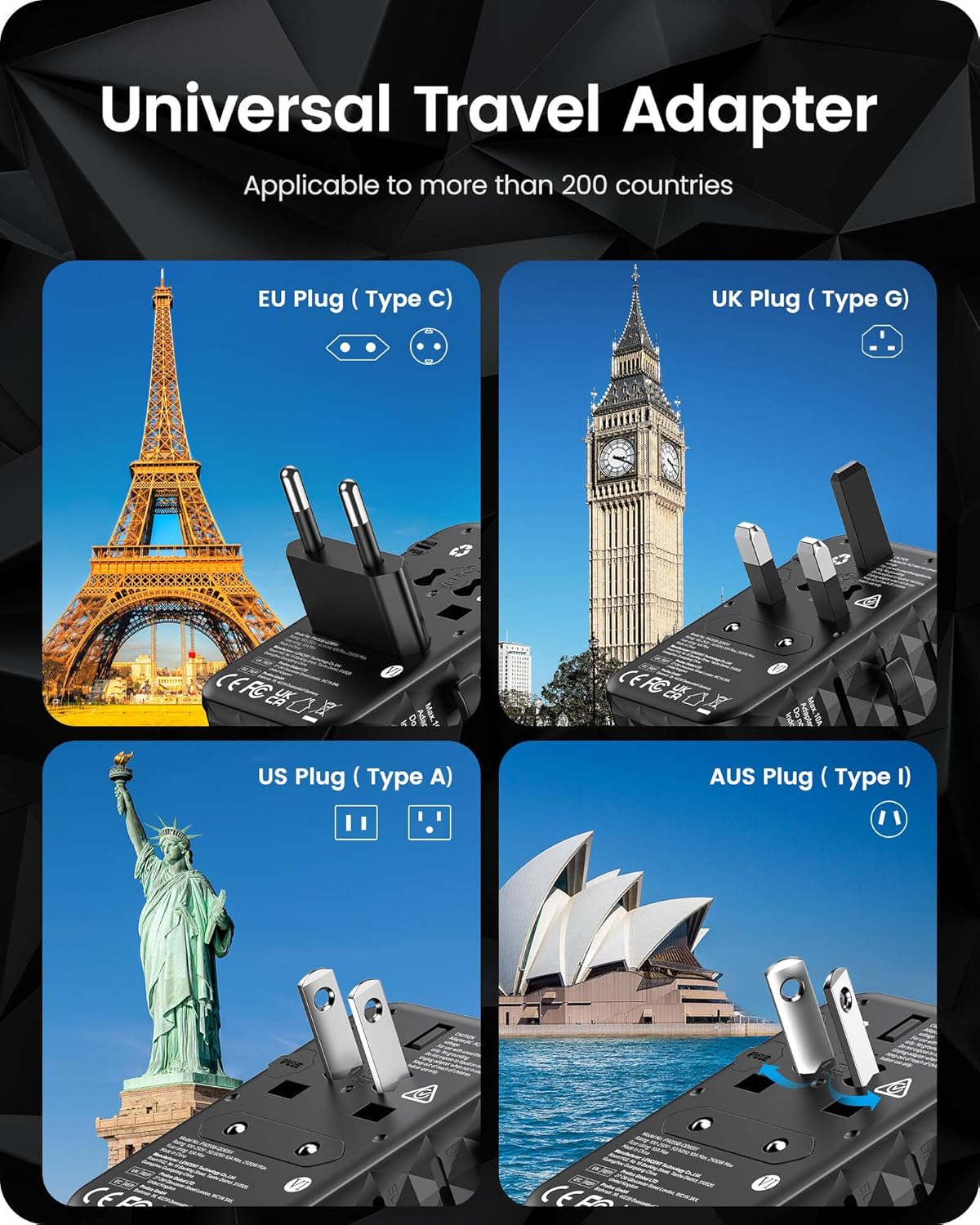 LENCENT 65W Universal Travel Adapter, GaN International Fast Charger 2 USB-A & 2 USB-C Power Plug Converter, Power Outlet Adapter for Phones,Laptops, All in One Travel Essentials for EU/USA/UK/AU