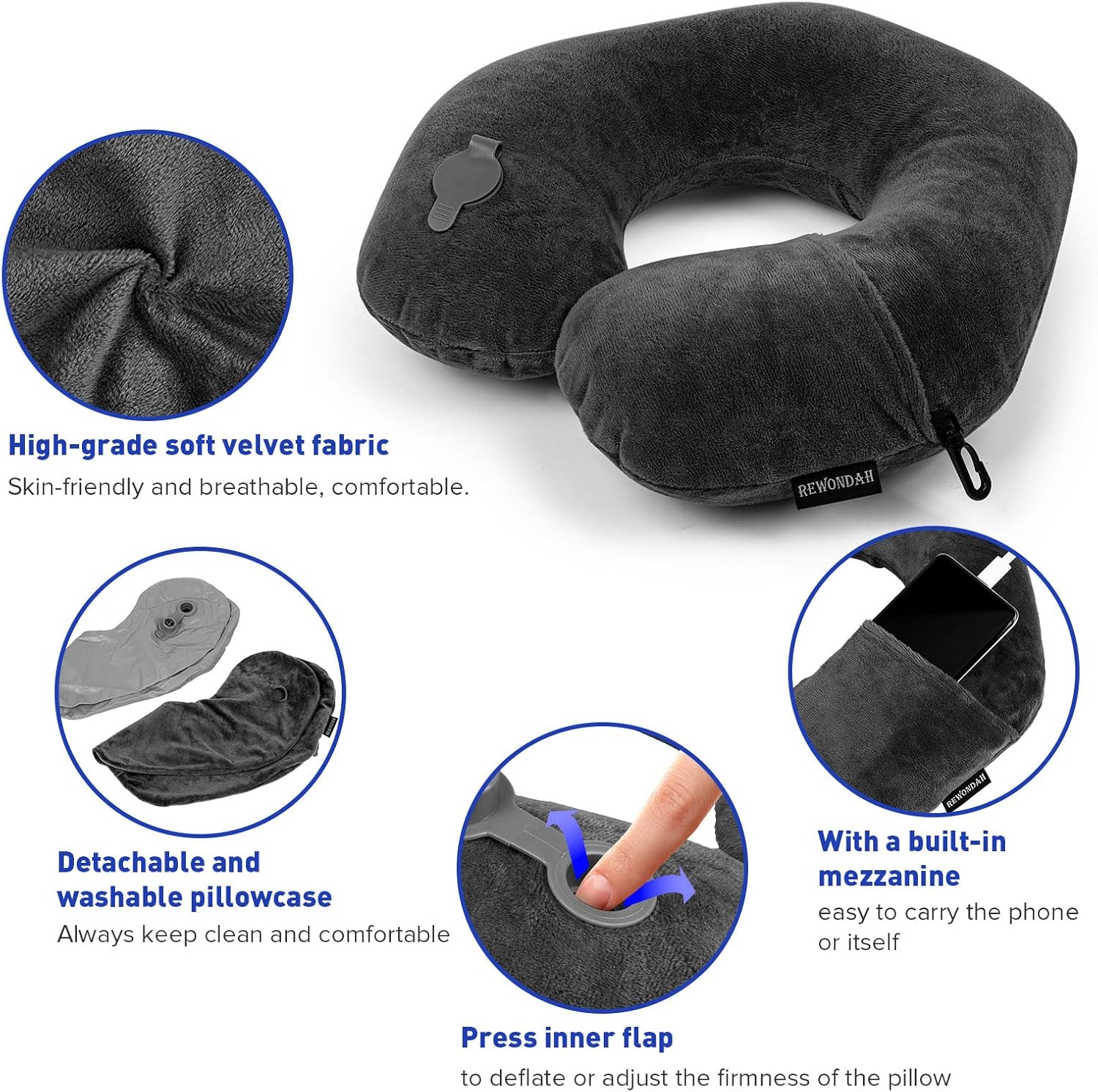 Rewondah Inflatable Travel Pillow, Inflatable Neck Pillow for Traveling Airplane, Travel Pillow with Soft Velour Washable Cover, U Shape Blow Up Neck Pillow for Airplanes Train Car Travel