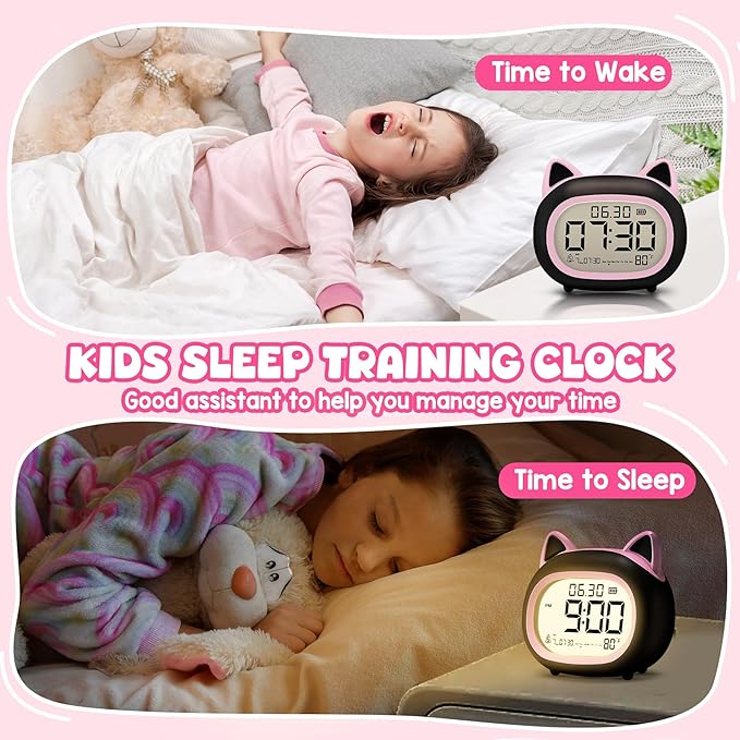 Kids Alarm Clock with Night Light for Kids, Small Digital Alarm Clocks for Bedrooms, Routine Builder, Cute Cat Alarm Clock with Sleep Training, Snooze, 12/24H, Date & Day, Temperature, USB Port-BubblyBeeBaby