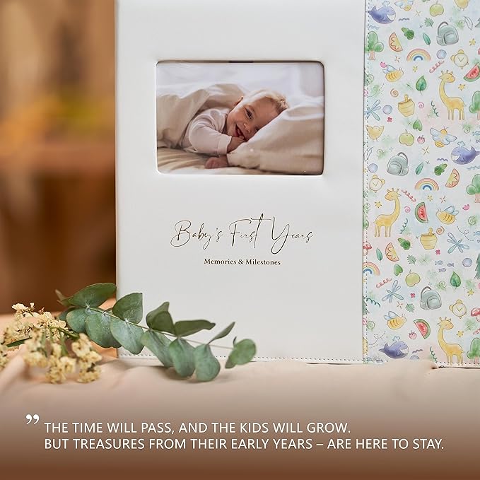 Keepsake Baby Memory Book Girl Boy – Timeless Leather-Bound Baby Milestone Book – Baby Book Keepsake Record First 5 Years – Gender Neutral Baby Scrapbook Album Baby Album Journal Registry Search Gift-BubblyBeeBaby
