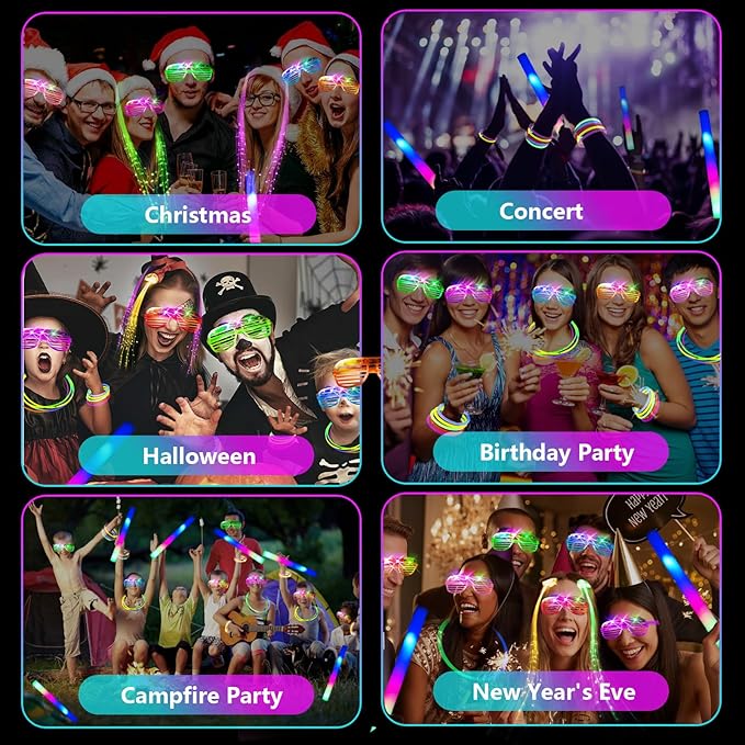 148 PCS Glow in the Dark Party Supplies, 16PCS Foam Glow Sticks, 16PCS LED Glasses,100PCS Glow Sticks Bracelets and 16Pcs LED Hair Clips Fiber Optic for Glow Party, Wedding, Halloween Party-BubblyBeeBaby
