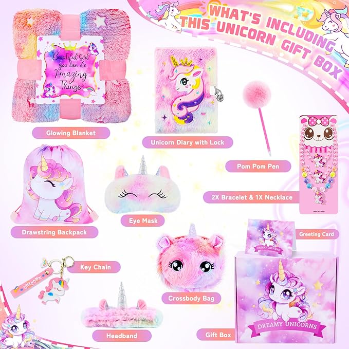 13PCS Unicorns Gifts for Girls Kids Toys 3 4 5 6 7 8 9 10 Years Old with Stationery Plush Diary with Lock/Glowing Blanket/Eye Mask/Crossbody Bag Teen Girl Birthday Christmas Unicorn Toy-BubblyBeeBaby