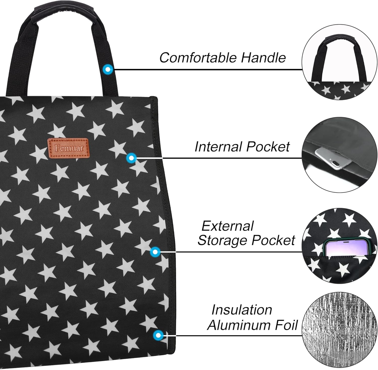 Lunch Bags for Women Insulated Reusable Lunch Tote with Internal Pocket, Lunch Tote bag for Work（Star）