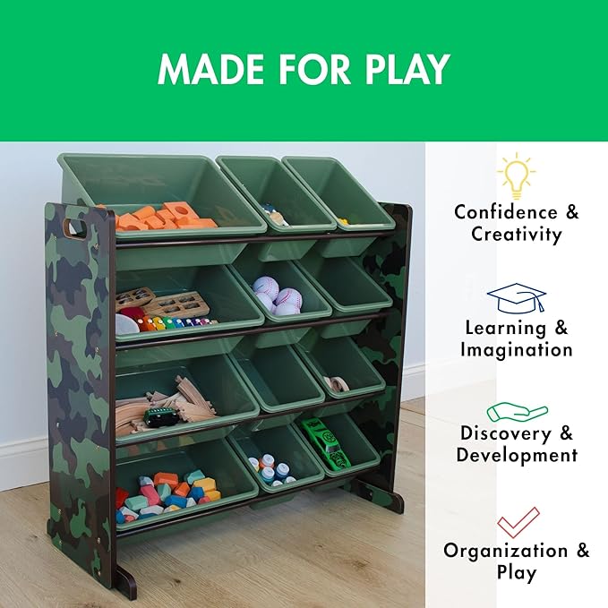 Humble Crew Kids Toy Storage Organizer with 12 Plastic Bins, Camo – Removable Bins for Playroom, Bedroom, Toddler Furniture for Boys and Girls Ages-BubblyBeeBaby