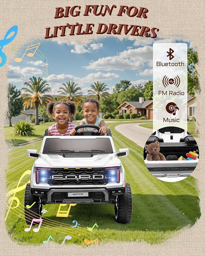 24V Kids Ride On Truck, Licensed Ford F-150 Raptor 2 Seater Electric Car w/Remote Control, Toddler Ride On Car Toys w/LED Lights, Bluetooth, Music, Truck Bed Storage, Soft Start (White)-BubblyBeeBaby