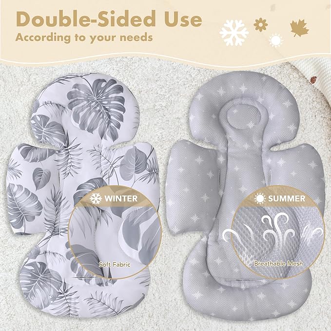 Infant Car Seat Insert, 2-in-1 Head & Body Carseat Support for Baby Newborn Toddler with Strap Covers, Reversible Ultra-Soft Cushion for Baby Carseat, Stroller, Swing & Bouncer-BubblyBeeBaby