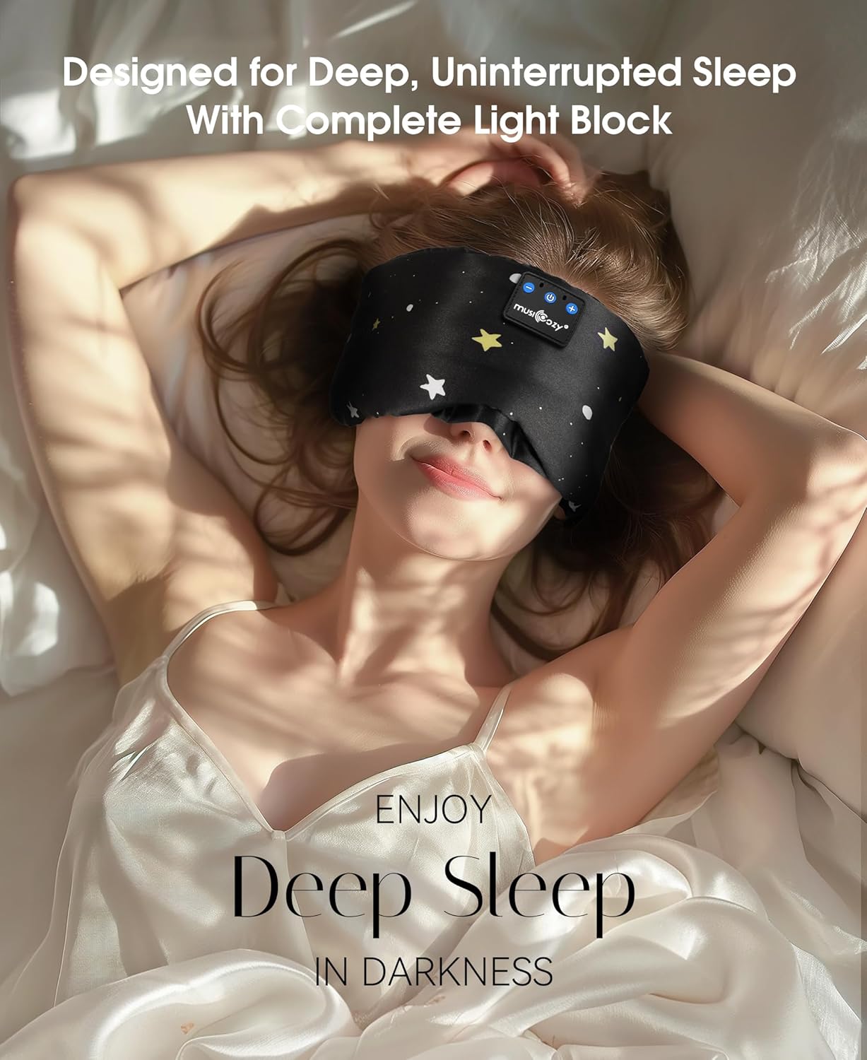 MUSICOZY Mulberry Silk Bluetooth Sleep Mask with HD Stereo Sound, Wireless Sleep Headband Headphones for Side Sleepers, Adjustable Size, Total Light Blocking, Perfect for Travel Relaxation Sleep