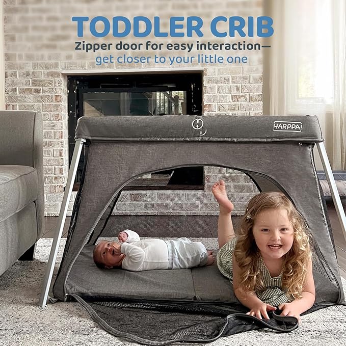 HARPPA Travel Crib with Comfy Mattress, Lightweight Portable Crib Requires No Assembly, Foldable Pack and Play for Baby and Toddlers, Compact Play Yard with Bed,Gray-BubblyBeeBaby