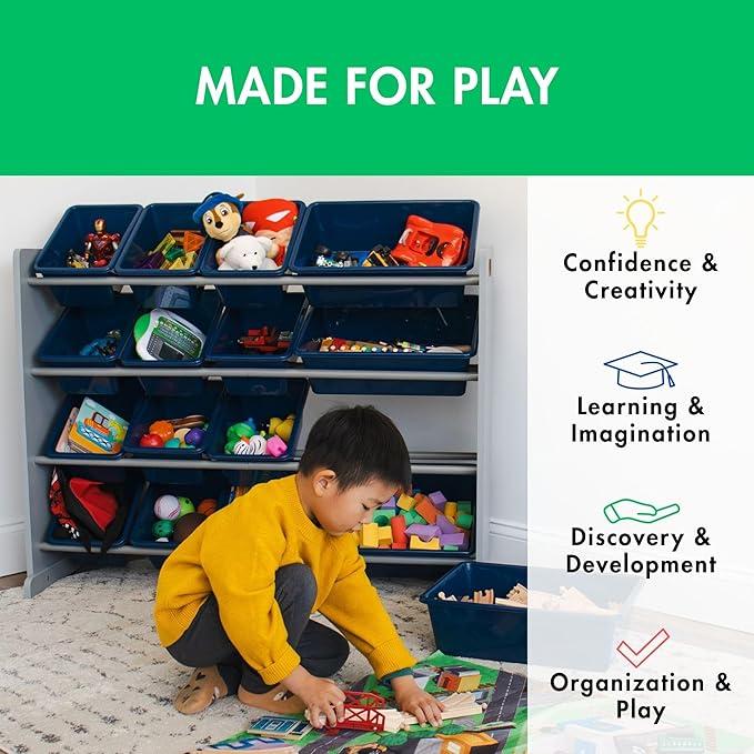 Humble Crew Supersized Toy Storage Organizer with 16 Removable Bins, Grey/Navy – Large Toy Storage for Toddlers Ideal for Kids' Rooms, Playrooms, and Nurseries - Modern Toy Bins for Kids-BubblyBeeBaby