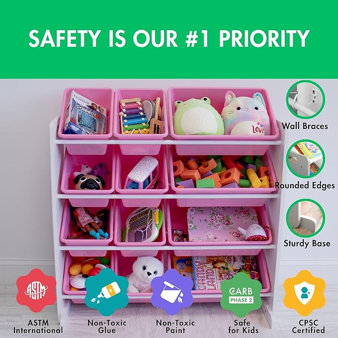 Humble Crew Kids Toy Storage Organizer with 12 Plastic Bins, White/Pink – Removable Bins for Playroom, Bedroom, Toddler Furniture for Boys and Girls Ages-BubblyBeeBaby