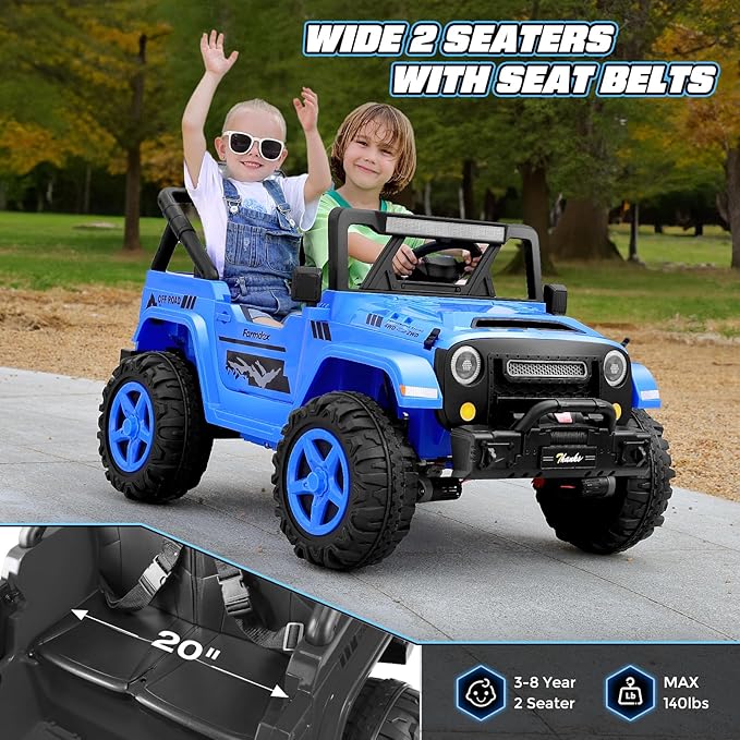 Hikole 24V Kids Ride on Car - 2 Seater, 4WD/2WD Switch, 4x200W Motor, Remote Control, 3 Speeds, LED Lights, Safety Belt, Off-Road Electric Vehicles for Boys Girls, Blue-BubblyBeeBaby