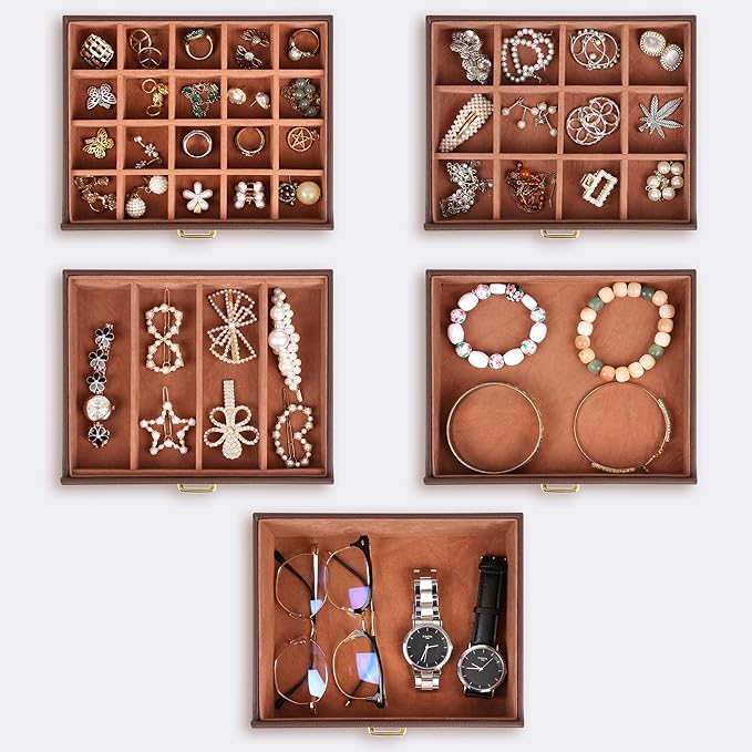 Kendal Extra Large Jewelry Box Jewelry Case PU Leather 6 Tier 5 Drawers Large Storage Capacity with Mirror Jewelry Storage Organizer Great Gift Also Good For Watches LJC-SHD5BN (Brown)-BubblyBeeBaby