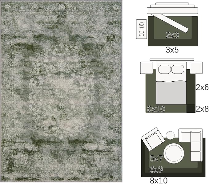 jinchan Green Floral 2x3 Rugs for Entryway - Vintage Washable Area Rug Ultra-Thin Low-Pile Soft Small Non-Slip Distressed Doormat for Entrance Kitchen Bedroom Bathroom (2x3ft,Forest Green)-BubblyBeeBaby