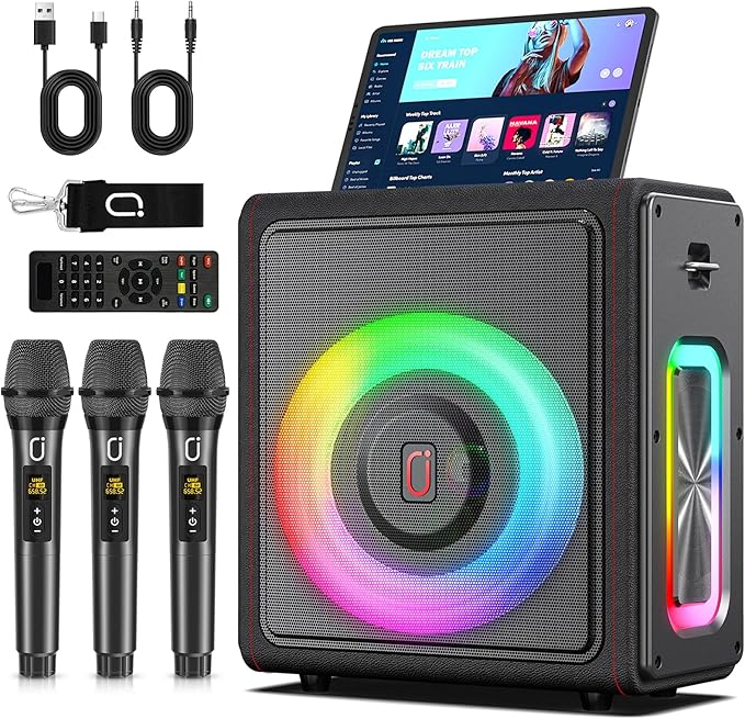 Karaoke Machine with 3 Wireless Mics | Bluetooth 5.3 Speaker with Echo Adjustment & Auto Pitch Correction | PA System with RGB Lights, Supports TV/TF Card/USB/AUX/Live/REC for Home Parties-BubblyBeeBaby