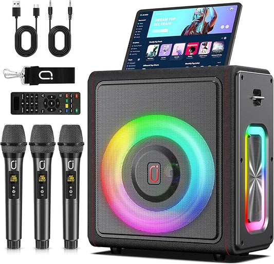 Karaoke Machine with 3 Wireless Mics | Bluetooth 5.3 Speaker with Echo Adjustment & Auto Pitch Correction | PA System with RGB Lights, Supports TV/TF Card/USB/AUX/Live/REC for Home Parties-BubblyBeeBaby