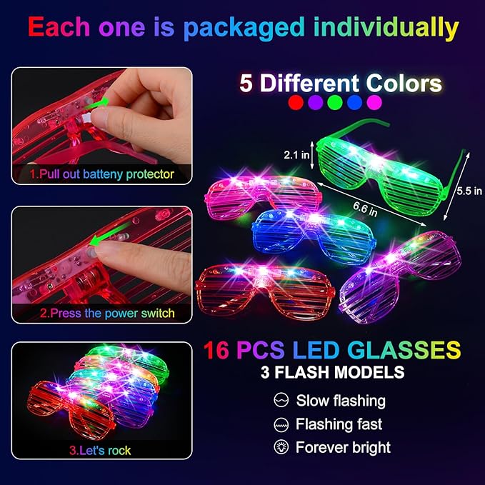 150 PCS Glow in the Dark Party Supplies, 16 Foam Sticks, 16 LED Glasses, 100 Glow Sticks and 18 Finger Lights for Neon Party, Wedding, Birthday, Concert, New Year, Carnivals, Raves-BubblyBeeBaby