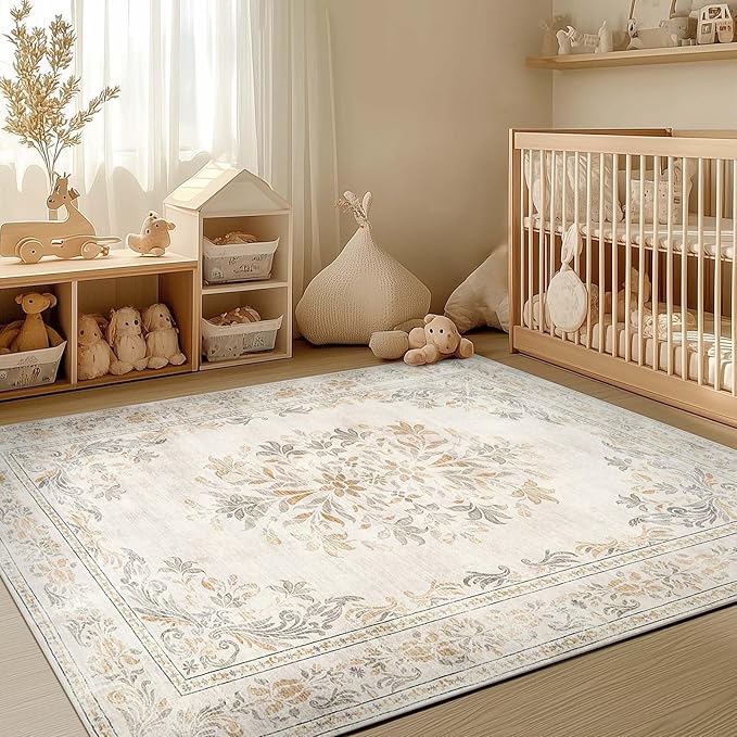 jinchan Vintage Floral 5x7 Area Rugs - Machine Washable Distressed Design Soft Ultra-Thin Low-Pile Non-Slip Carpet for Kitchen Bedroom Nursery Living Room Dining Room Home Office (5x7ft,Light Grey)-BubblyBeeBaby